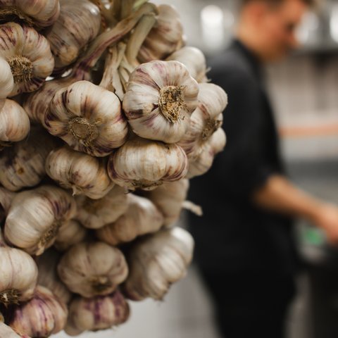 Inn & Restaurant in Parsberg serving regional cuisine Bundle of garlic bulbs in foreground in kitchen with blurred person