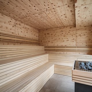 Beer garden love Modern sauna interior with wooden paneling and sauna heater