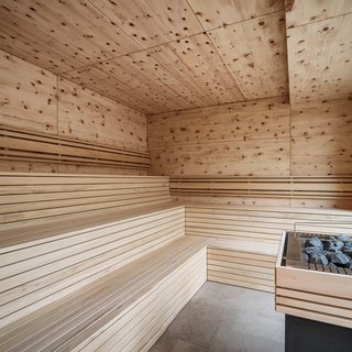 Hotels in Regensburg and its surroundings: culturally rich! Modern sauna interior with wooden paneling and sauna heater