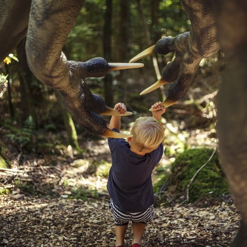 Hotels in Regensburg and its surroundings: culturally rich! Child touching claws of a dinosaur figure in the forest while a photographer takes photos