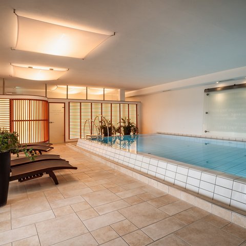 Beer garden love Indoor pool with lounge chairs and plants in a modern wellness area