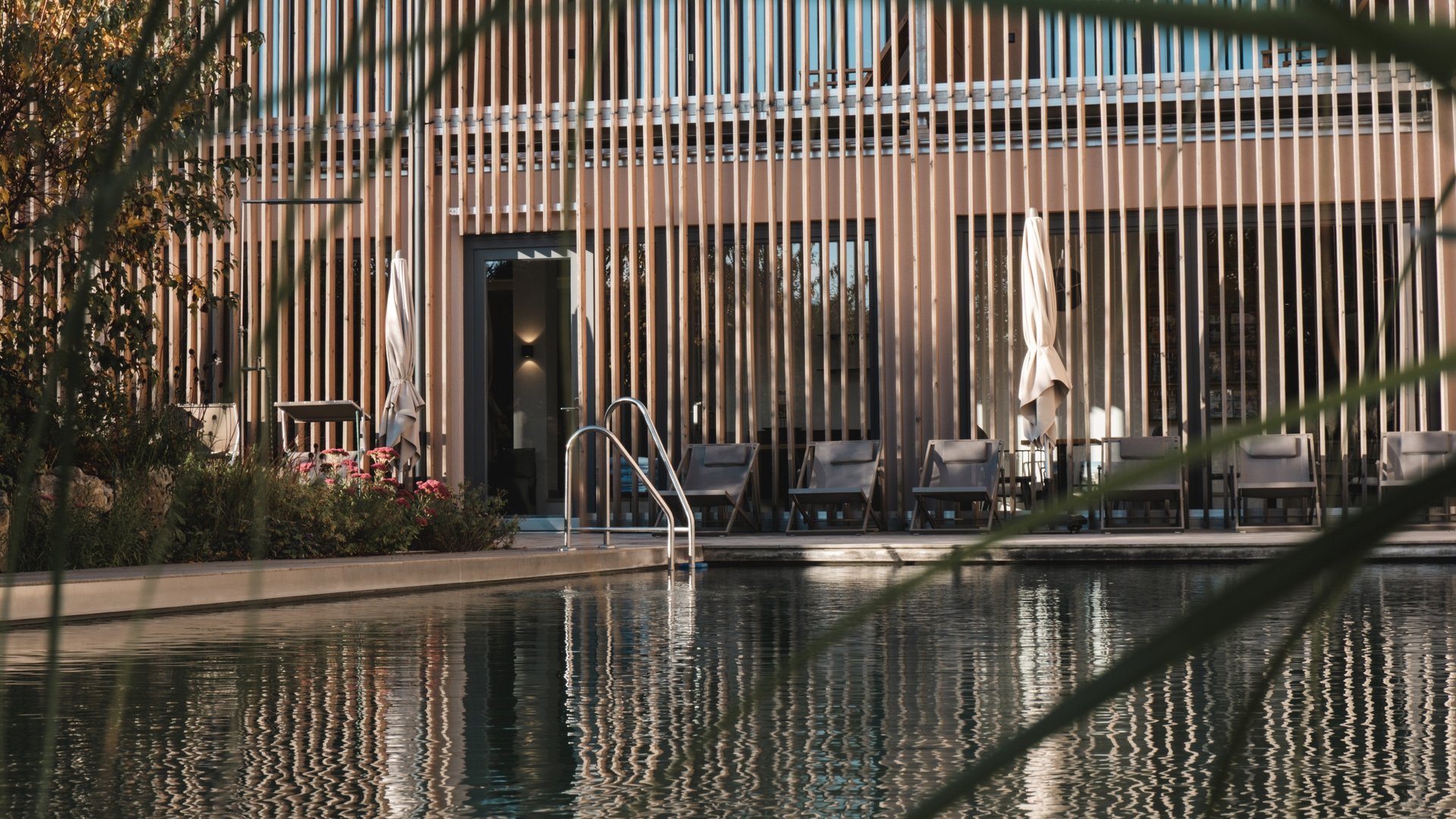Home Schwimmbad vor modernem Gebäude mit Holzlamellen und Liegestühlen