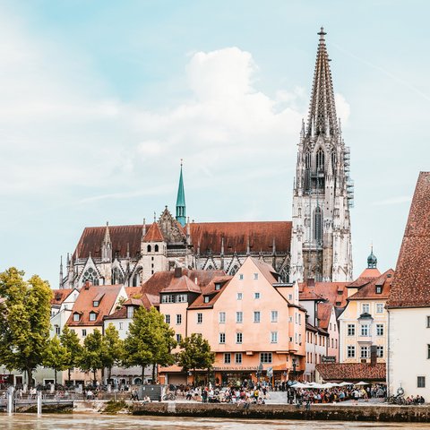 Hotels in Regensburg and its surroundings: culturally rich! Regensburg skyline with cathedral and historic buildings by river in daylight