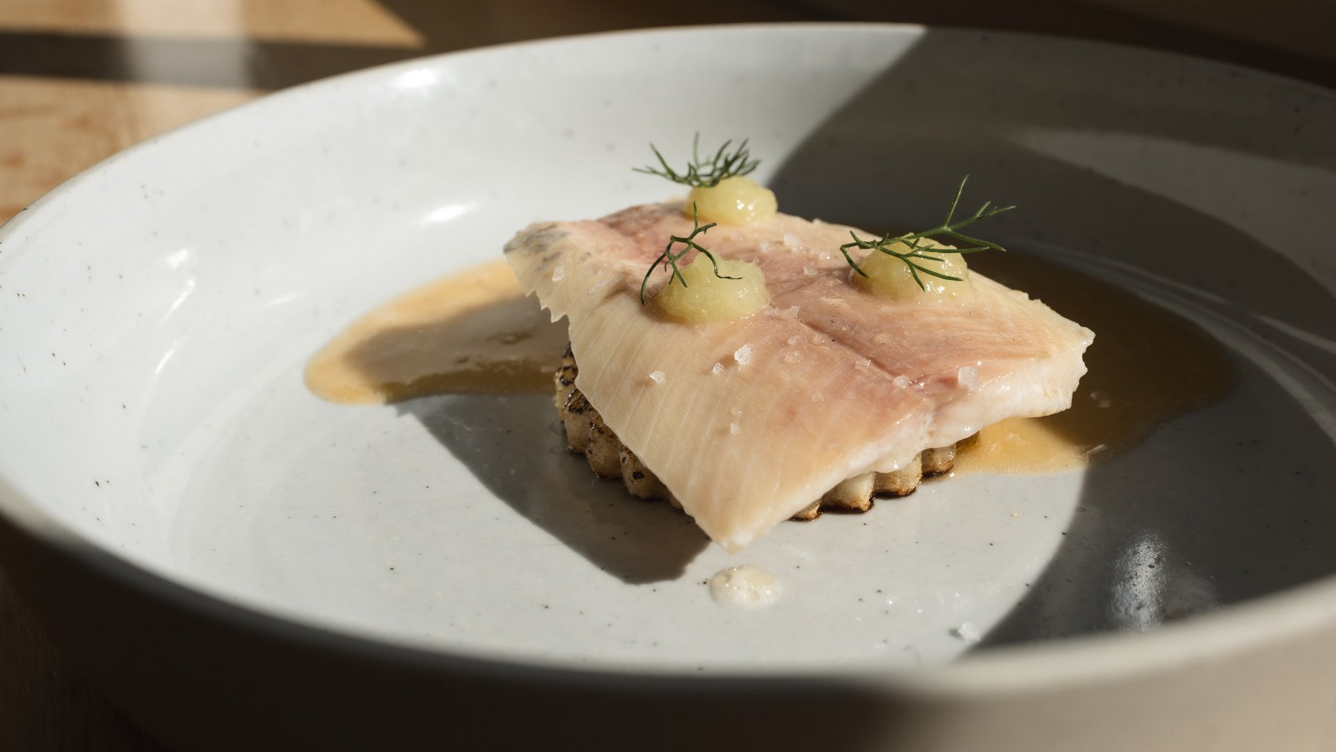 Fine Dining & Gourmet Cuisine in the Upper Palatinate Light-colored dish garnished with herbs and yellow sauce on a white plate